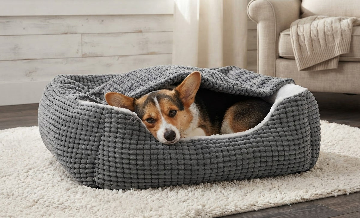 a Corgi settled inside the grey bed with the hood over him