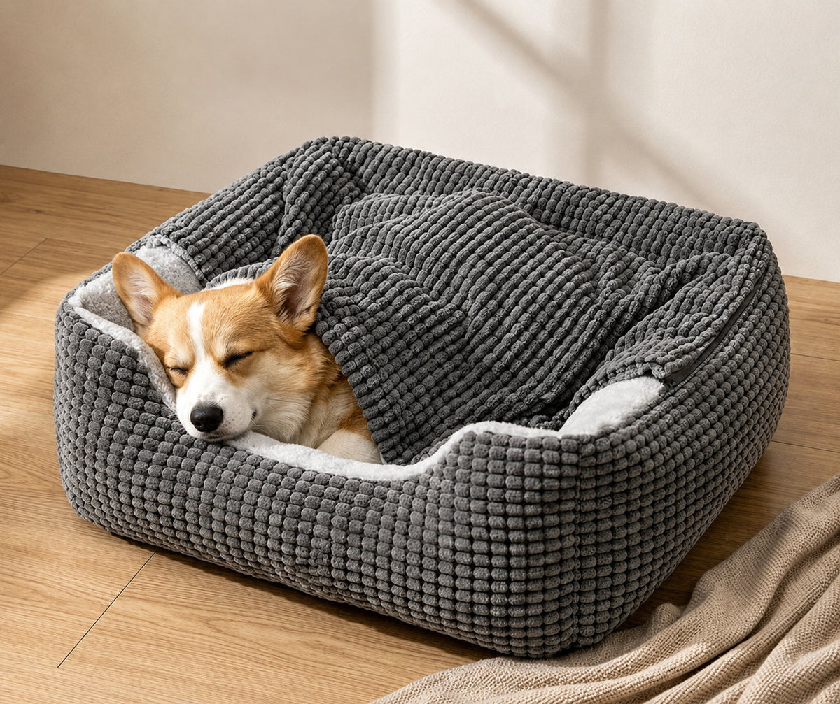 A Corgi asleep in the grey bed with the hood folded back