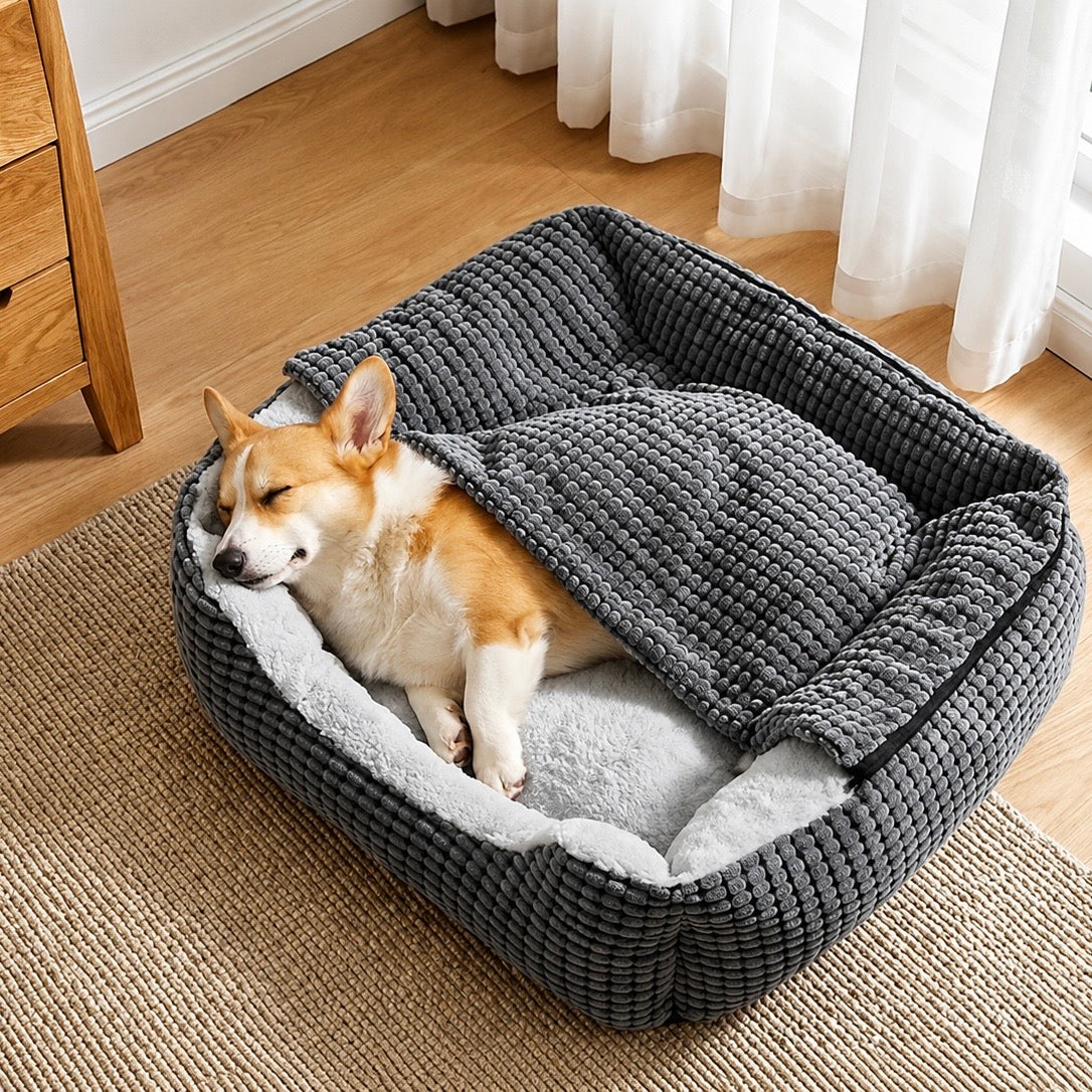 A Corgi asleep inside the bed with the hood zipped up over him