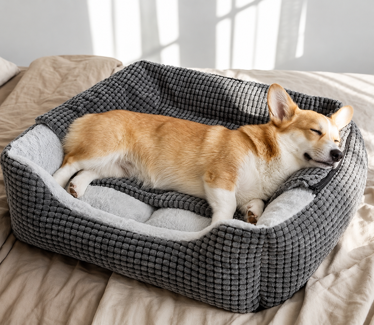 The same bed with the hood unzipped and folded back onto the rim, showing the plush lining